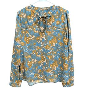 Prana Floral Print Tie Neck Blouse Long‎ Sleeve Casual Blue Gold Medium